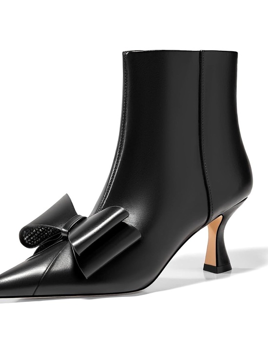 Coutgo Shoes - Black Leather Pointed Bow Ankle Boots with Sculpted Heel